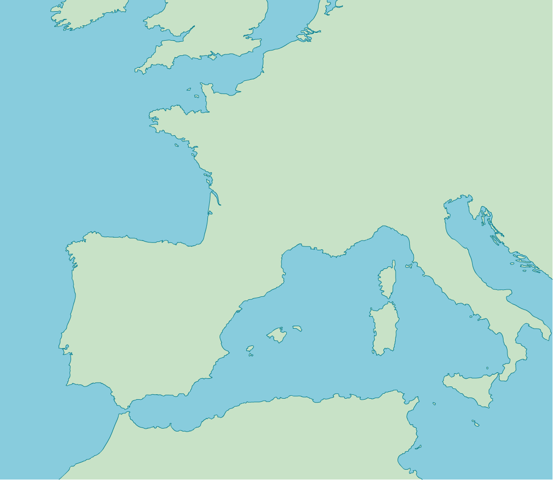 Mapa do sudoeste da europa com fronteiras dos países da península ibérica